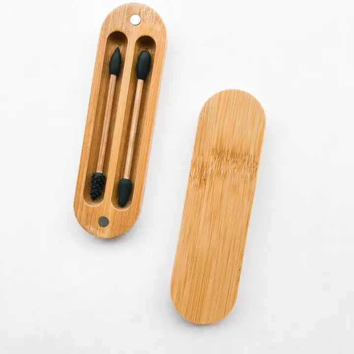 REUSABLE PLASTIC FREE BAMBOO SILICON Q-TIPS WITH BAMBOO CASE