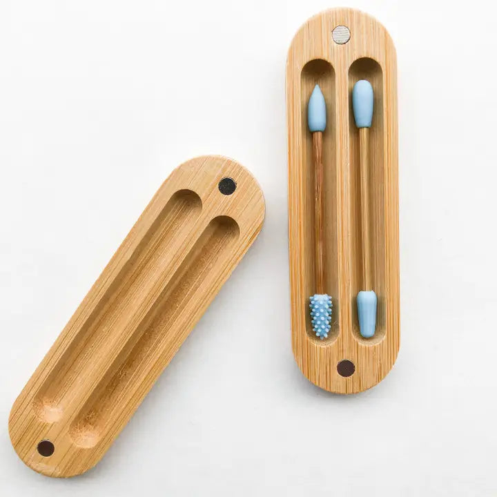 REUSABLE PLASTIC FREE BAMBOO SILICON Q-TIPS WITH BAMBOO CASE