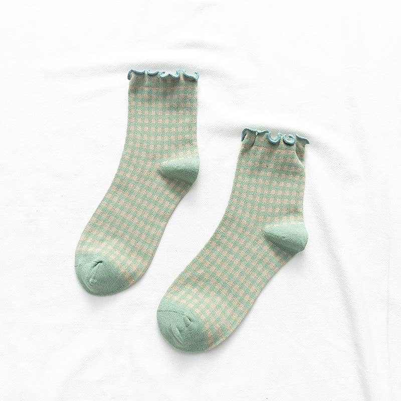LADY JUNE ACCESSORIES RUFFLE CUFF GINGHAM SOCKS