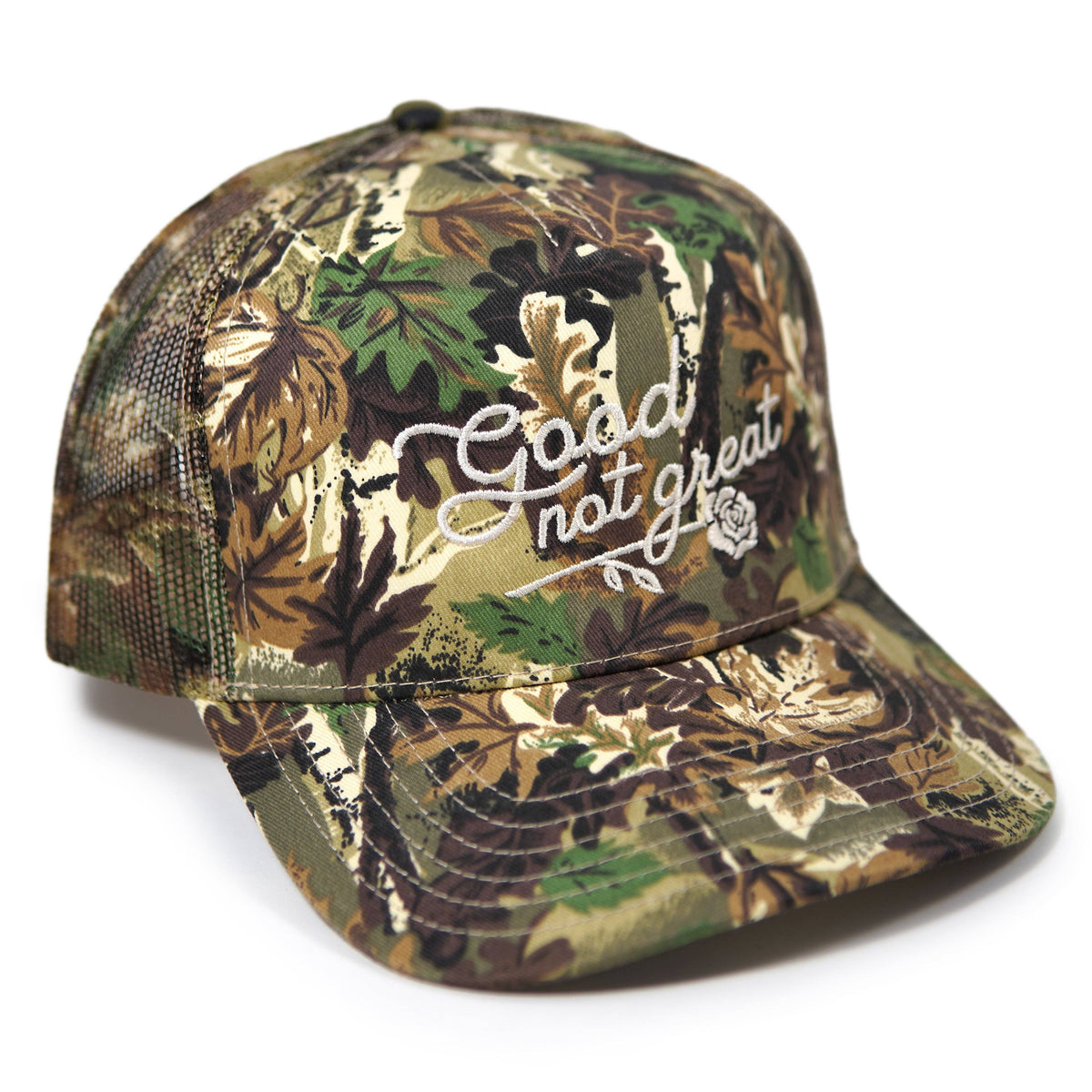 GOOD NOT GREAT CAMO TRUCKER HAT