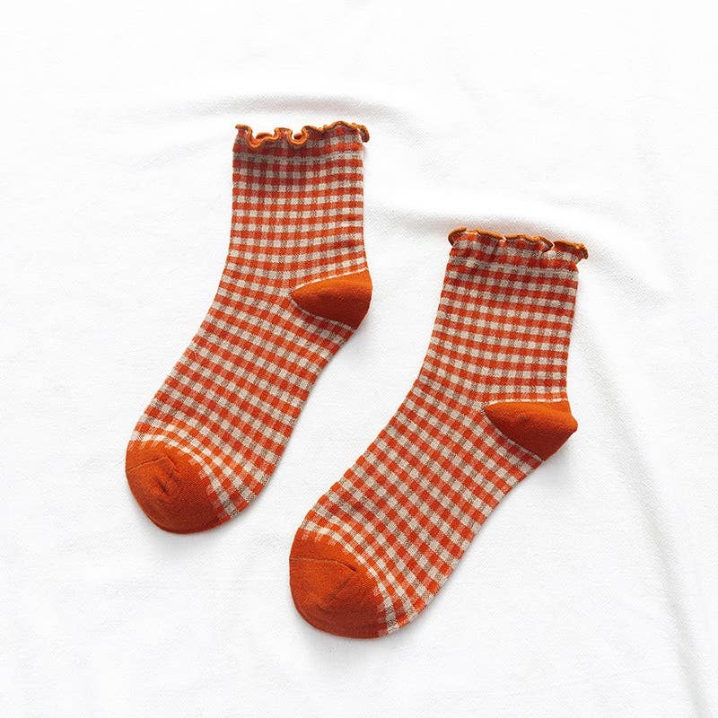 LADY JUNE ACCESSORIES RUFFLE CUFF GINGHAM SOCKS